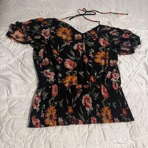 Red and Orange Floral on a black background Flutter Sleeve Smocked Blouse